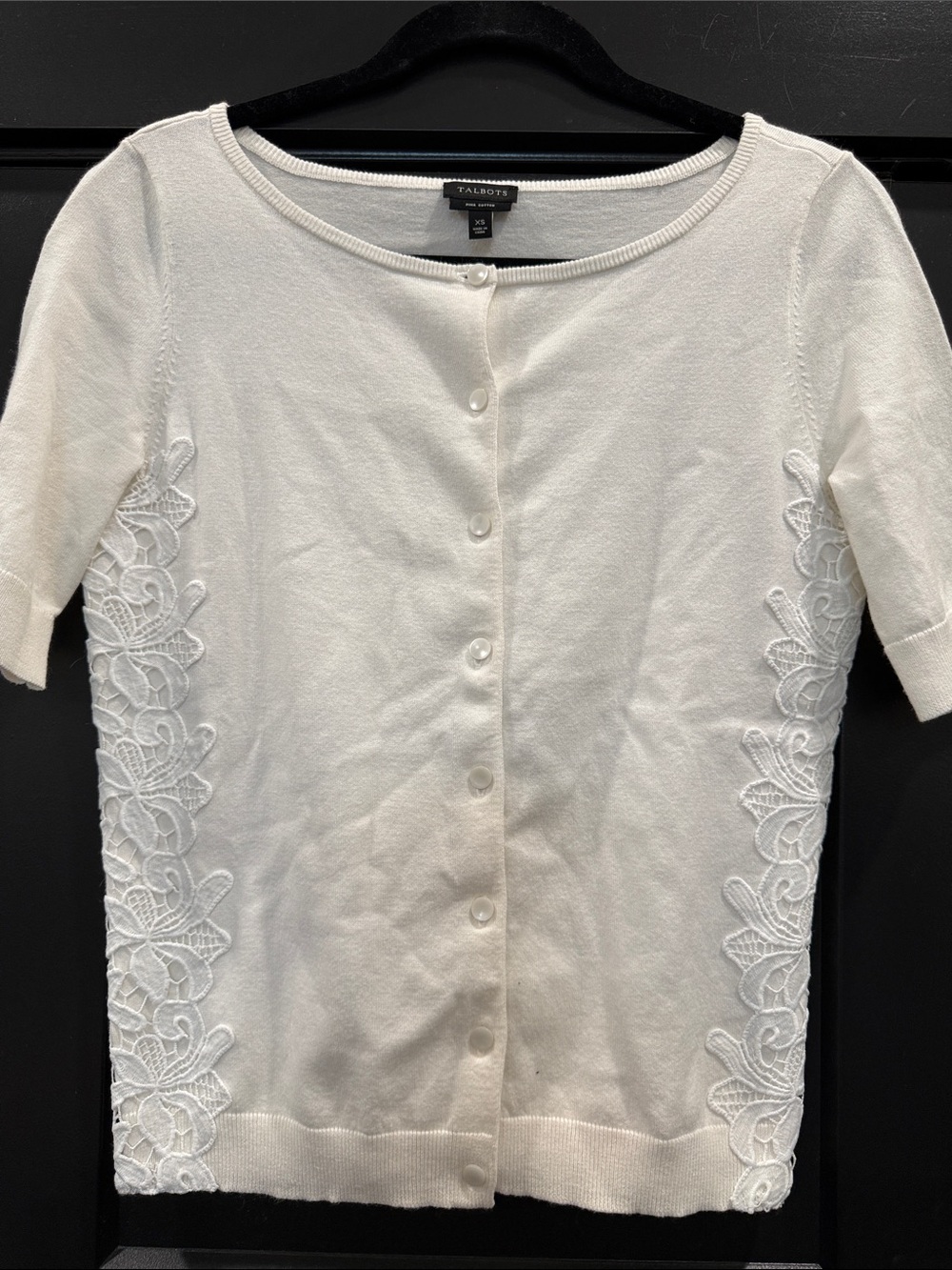 Talbots Ivory Short-Sleeve Button-Front Cardigan with Lace Side Panels Size XS